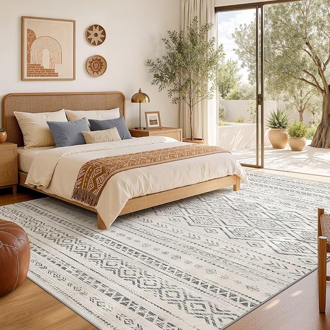 Nakagishi Area Rug Living Room Rugs: 10x14 Large Soft Machine Washable Boho Moroccan FarmNeutral Stain Resistant Indoor Floor Carpet for Bedroom Under Dining Table Home Office Decor-Grey