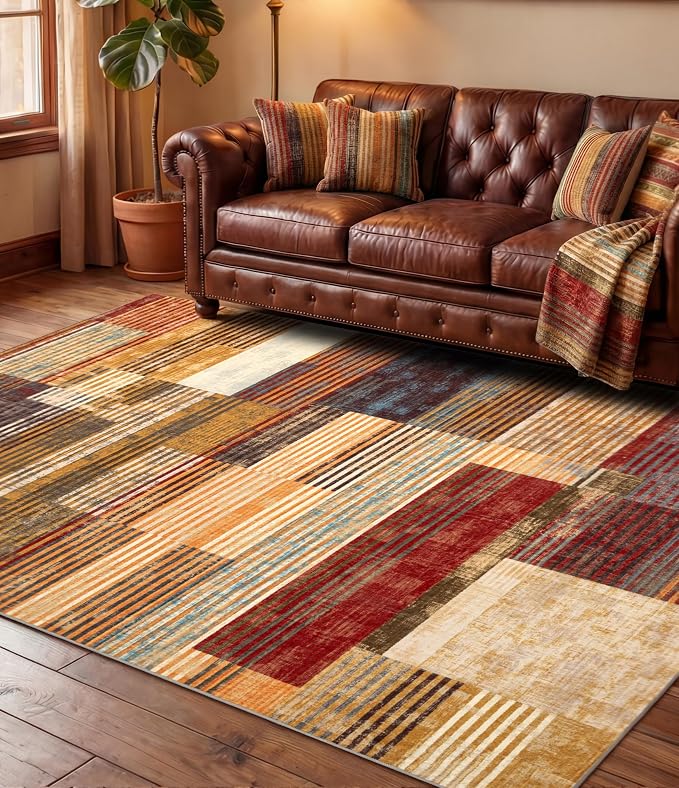 Brown Area Rug 4x6, Farmhouse Rugs Washable,Vintage Burgundy Carpets for Bedroom,Burnt Orange Area Rug Non Slip,Geometric Boho Rug for Kitchen,Dining Room