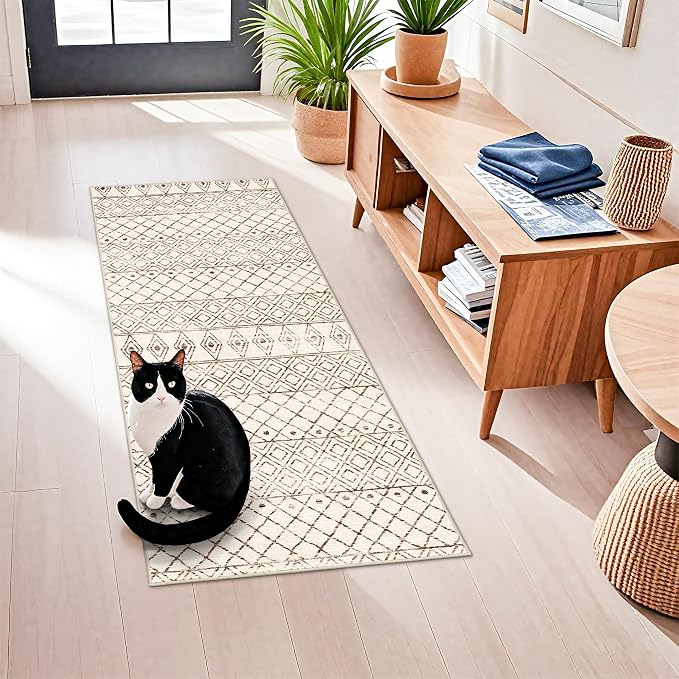 2x5 Rug Runner Boho Geometric: Washable Hallway Moroccan Runners Beige | Non Slip Low Pile Soft Pets Friendly Rugs for Kitchen Bathroom Bedroom Entryway Laundry