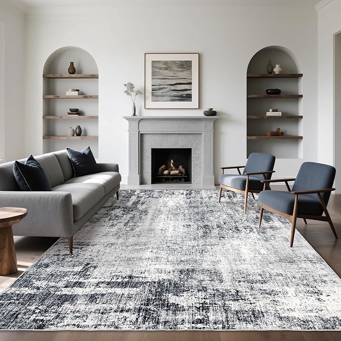 Washable 8x10 Area Rug: Modern Large Rugs for Living Room Dining Room Bedroom Office Indoor - Non-Slip Carpet Home Decor - 8x10 Black Grey