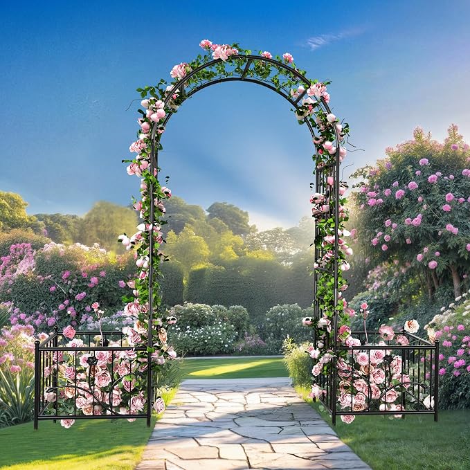 Garden Arbor with Planter Boxes 76" W x 86" H, Wedding Arches for Ceremony, Black Metal Garden Archway for Climbing Plants Outdoor Lawn, Patio and Backyard