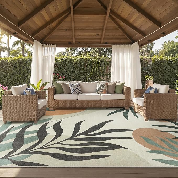 GENIMO Outdoor & Indoor Area Rug 9'x12', Waterproof, Non-Shedding, Easy Cleaning, Leaf Mat for Patio, Living Room, Balcony, Dining Room, RV, Deck, Bedroom, Camping, Outside Carpet, Beige Grey