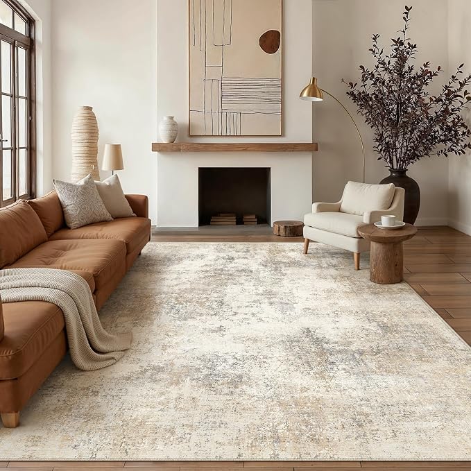8x10 Beige Brown Modern Abstract Washable Area Rug for Living Room | Low Pile, Non Slip, Modern Abstract Style, Soft Large Area Rug for Living Room, Bedroom, Dining Room, Office, Home Decor