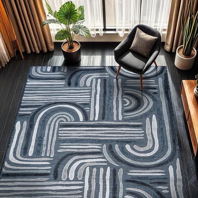 CAMILSON Indoor Outdoor Rug, Navy Blue 6x9 Geometric Arch Striped Area Rugs for Patio and Home Areas, Easy-Cleaning Non-Shedding Living Room, Garden and Deck Washable Outside Carpet (6 x 9)