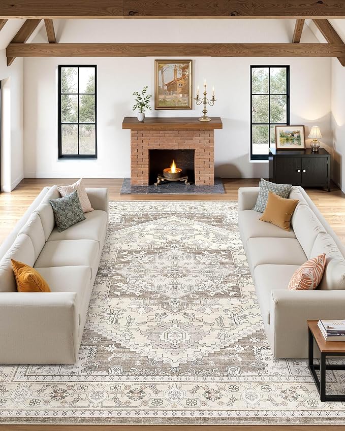 Washable Area Rug-9X12 Vintage Neutral Soft Brown | Non Slip Thin Foldable Large Floor Carpet for Living Room Bedroom Kitchen Dining Room Home Office Farmhouse Indoor