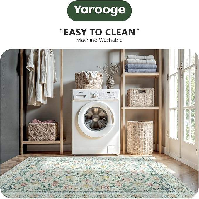 8x10 Area Rugs, Machine Washable Low Pile Floral Rugs for Living Room, Bedroom, Large Boho Area Rug with Non-Slip Backing for Dining Room(Beige Bloom)