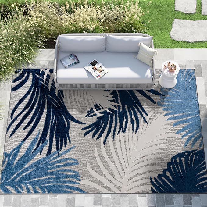 Rugshop Navy Lucca Contemporary Floral Indoor/Outdoor Area Rug Durable Polypropylene, Weather Resistant, Easy to Clean Perfect for Patio, Backyard, Deck and Outdoor Lounge 6'6" x 9'