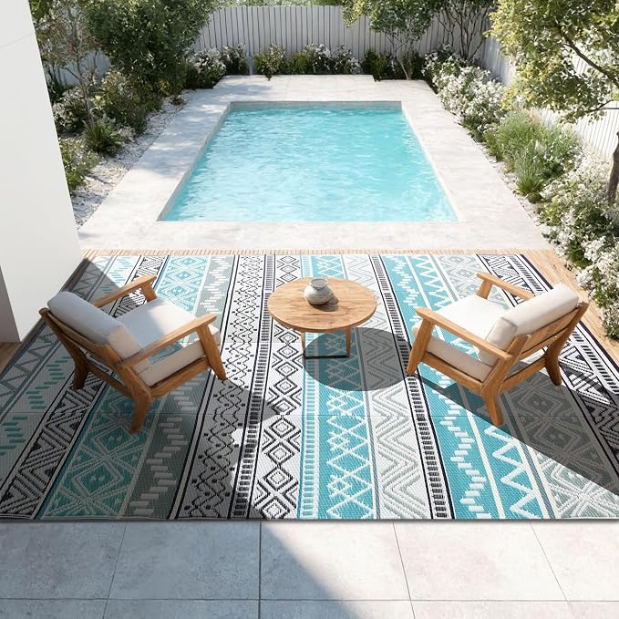 Outdoor Rug Waterproof 5 x 8 ft, Reversible Plastic Straw Rug for Patio, Large Outdoor Carpet for RV, Patio, Camping, Backyard, Deck, Picnic, Beach, Blue & Grey