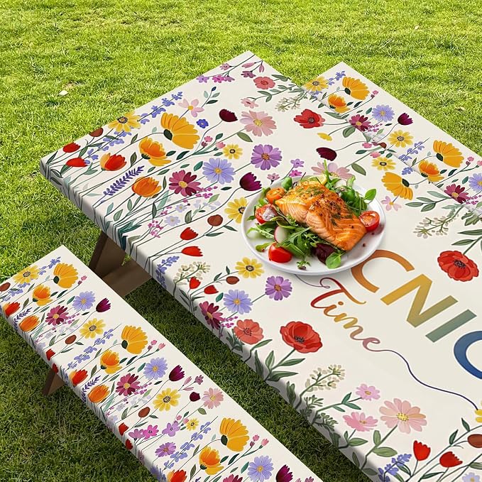 Picnic Table Cover with Bench Covers Elastic Edges, Wildflower Boho Camper Fitted Table Cover, Outdoor Camping Essentials 72 Inch 3PCS, Waterproof Camping Fitted Tablecloth with Drawstring Bag