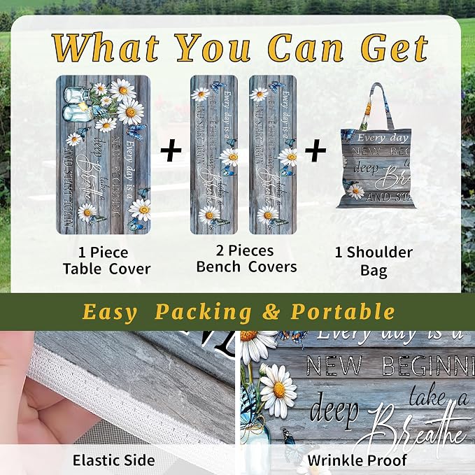 Picnic Table Cover with Bench Covers Elastic,Fitted Table Cloths for Rectangle Tables 6 Foot Washable,Waterproof Tablecloth for Outdoor Camping Essentials Accessories(6 Foot,Vintage Daisy