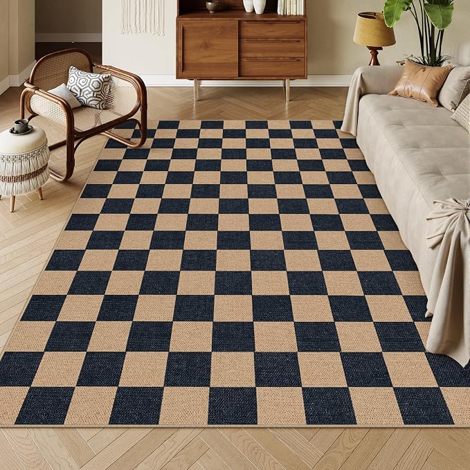 Lahome Colette Checkered Easy Jute Carpet, Washable Area Rug 6x9 Neutral Outdoor Patio Rug, Farmhouse Checkerboard Non Slip Non Shedding Floor Carpet for Dining Living Room Deck Sunroom