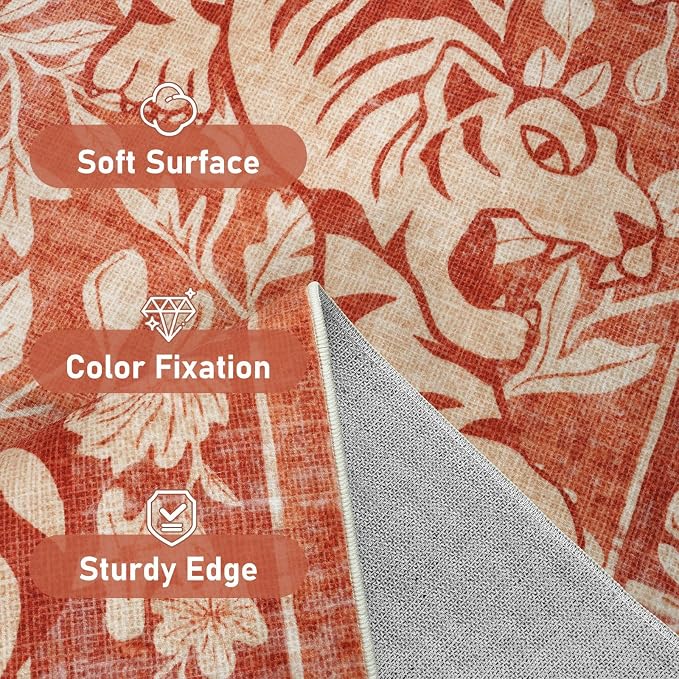LIVEBOX Washable Tiger Rug 8x10, Non-Slip Terracotta Rug for Living Room, Vintage Jungle Animal Floor Carpet Cool Terracotta Retro Area Rugs for Bedroom Dining Room Nursery Office Dorm