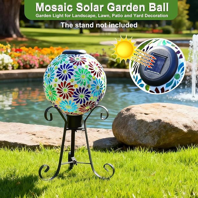 SAVENNA Mosaic Solar Gazing Ball 10 Inch,Glass Garden Globe with Auto On/Off for Yard, Lawn & Outdoor Decor,Multi-Color
