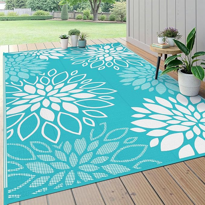 HEBE Waterproof Outdoor Rug 5x8 for Patios, Floral Reversible Plastic Straw Rug Patio Mat, Indoor Outdoor Carpet RV Mat Camping Rug for Deck, Camper, Porch, Balcony, Backyard, Picnic
