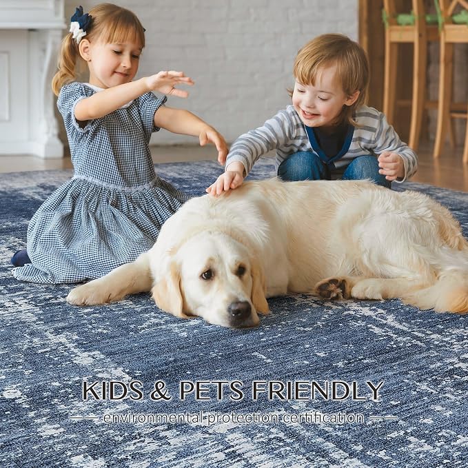 kakania Abstract 8x10 Area Rugs for Living Room: Washable Rugs Dark Blue | Soft, Non-Slip, Low-Pile, Pet & Kid Friendly - Large Modern Home Decor Carpet for Bedroom/Dining Room/Office/Nursery