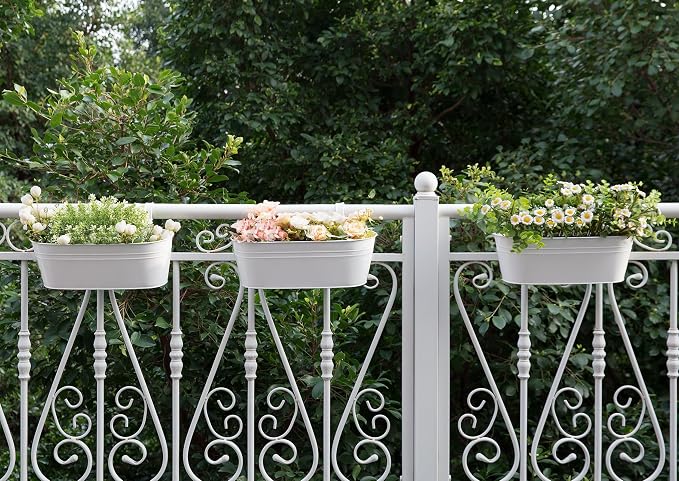 Dahey 3 Pcs Metal Iron Hanging Flower Pots for Railing Fence 15.7 Inch Hanging Bucket Pots Countryside Style Window Flower Plant Holder with Detachable Hooks for Garden Yard Home Decor, White