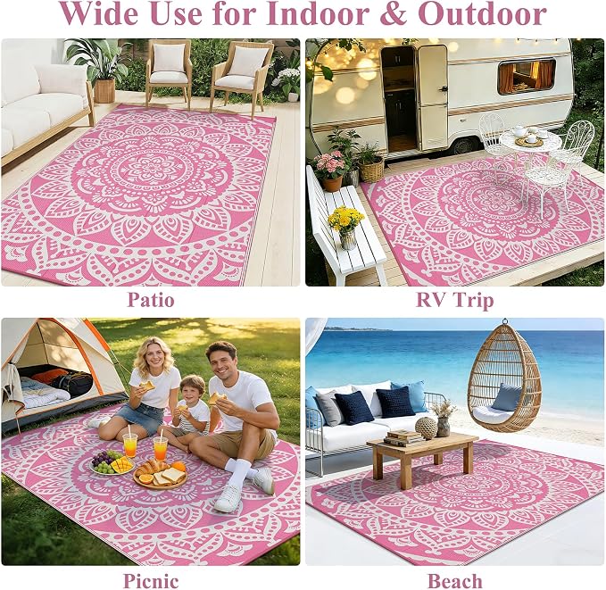 Bsmathom Waterproof Outdoor Rug 6'x9' Reversible Boho Plastic Straw Patio Deck Camping Rugs, Indoor Outdoor Portable RV Mat Clearance Carpet for Outside, Porch, Balcony, Backyard, Beach, Pool,Pink