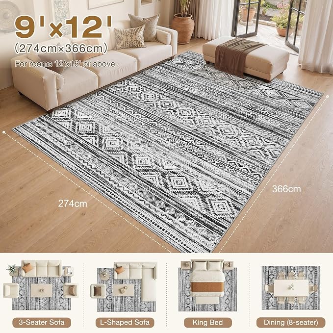 cotiled Boho 9x12 Area Rug for Living Room: Large Moroccan Washable Rug | Solve Modern Neutral Trendy Home Decor - Stain Resistan Carpet for Bedroom Farmhouse Dining Room White Black