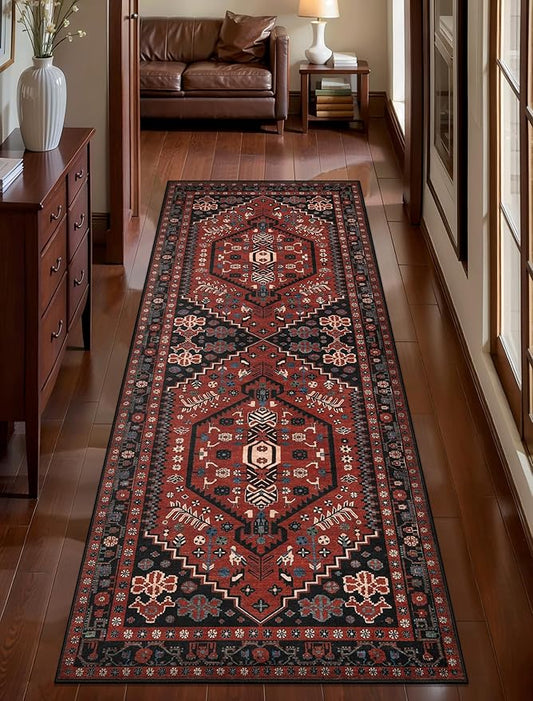 Ciicool 2x5ft Runner Rug,Washable Hallway Vintage Low-Pile Kitchen Carpet | Oriental Non-Slip Thin Indoor Mat Ultra Soft Entry Rugs for Entryway Bedroom Bedside Living Room Laundry Bathroom，Red/black