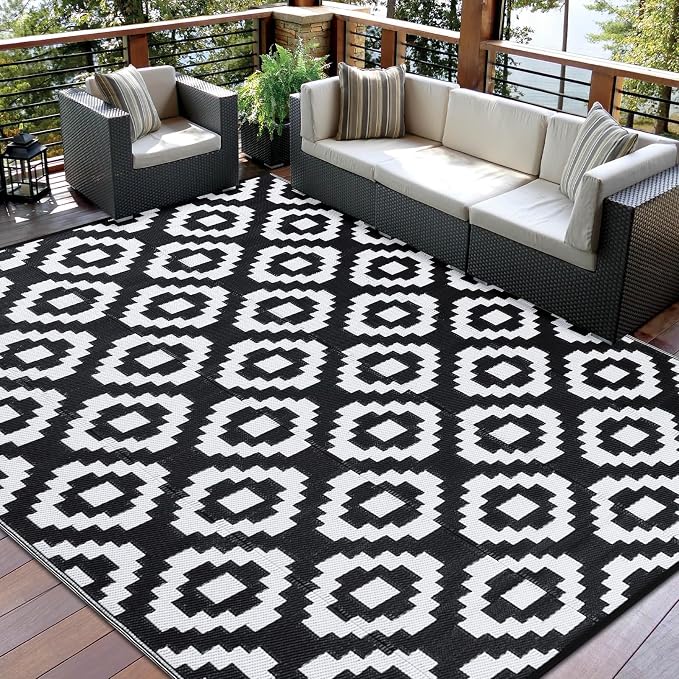Garvee Outdoor Rug 9x18 Outdoor Patio Rug Reversible Plastic Straw Rugs Waterproof Foldable Mat Easy Clean Lightweight Carpet for Backyard Camping Porch RV Beach Balcony Deck Picnic Square White