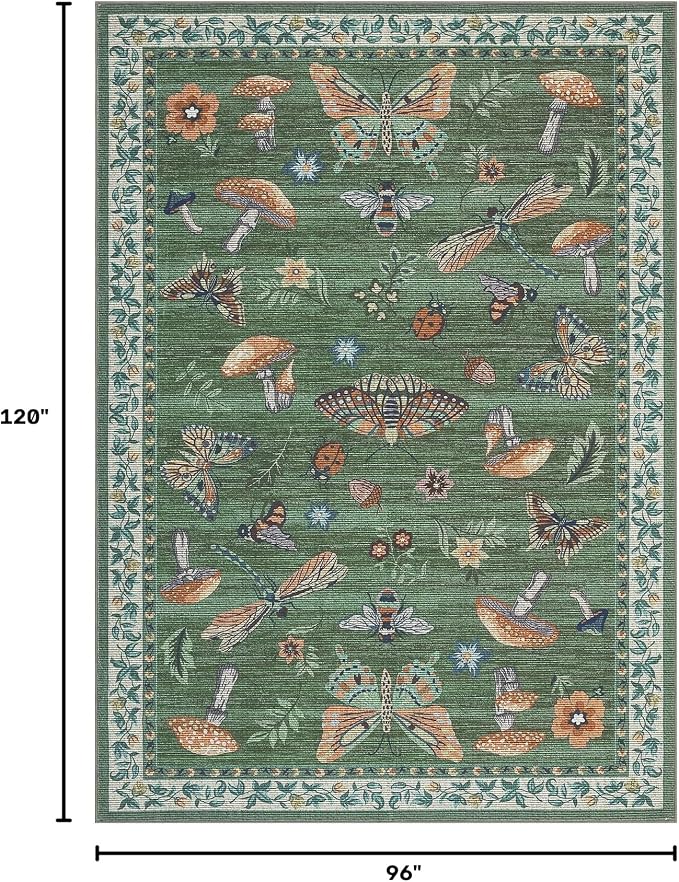 Mushroom Washable 8x10 Rug for Living Room Non Slip 8 x 10 Rug for Bedroom with Rubber Back Soft Low-Pile Stain Resistant Foldable Large Carpet for Office Nursery Dining Room Green