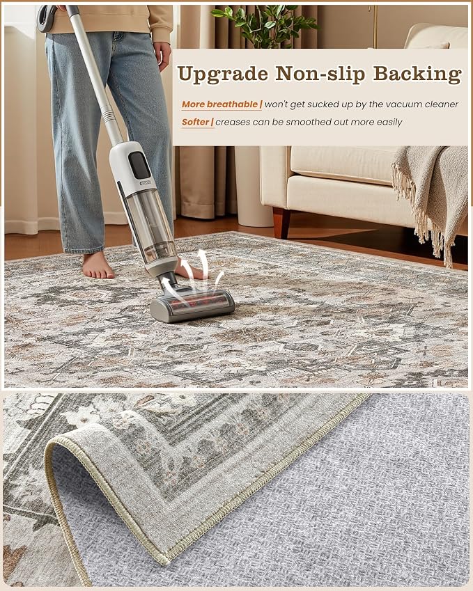 Washable Area Rug-5X7 Vintage Neutral Soft Taupe | Non Slip Thin Foldable Large Floor Carpet for Living Room Bedroom Kitchen Dining Room Home Office Farmhouse Indoor