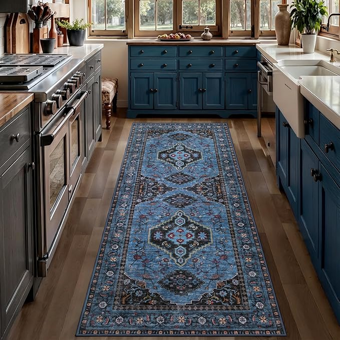 Tangsoo Blue 2.6x10 Washable Hallway Runner Rug,Vintage Non Slip Runner Rug | Oriental Soft Low Pile Long Rug Runner, Boho Print Carpet Runners for Hallway Kitchen Bedroom Entryway Living Room Blue Black