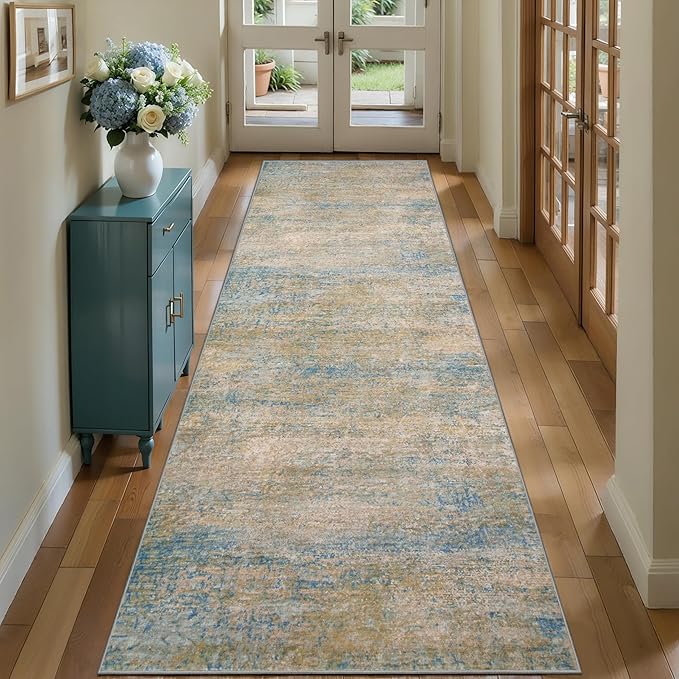 Tangsoo Abstract 3x8 Hallway Washable Runner Rug, Modern Non Slip Runner | Soft Low Pile Long Runner Rugs,Contemporary Carpet Runners for Hallway Kitchen Bedroom Entryway Living Room Blue Beige Decor