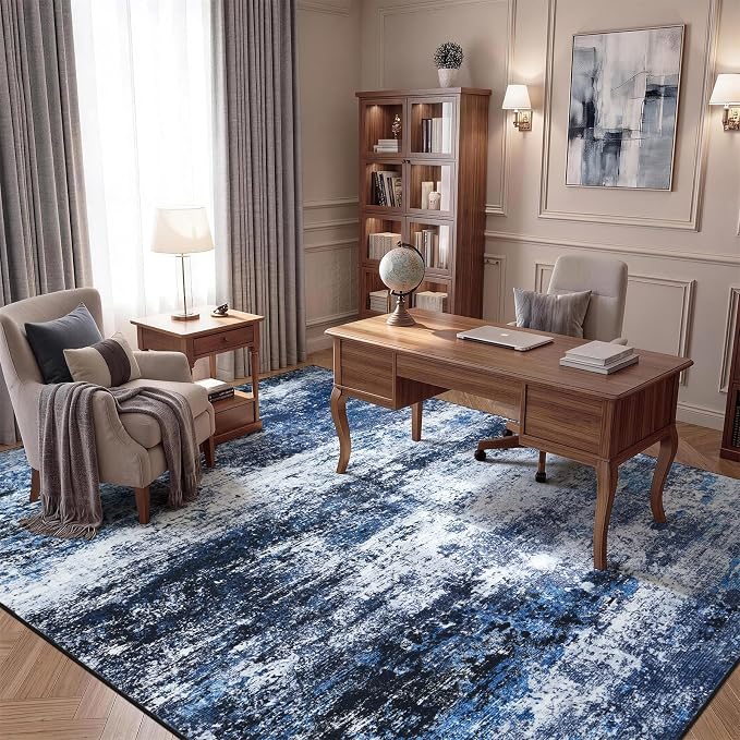 8x10 Area Rug for Living Room, Abstract Washable Large Rugs, Blue Gray | Soft Neutral Carpet for Bedroom, Dining Room, Home Office Nursery Indoor, Stain Resistant, Non-Slip, Low Pile Modern Rug