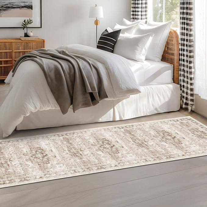 Boho 2x7 Long Runner, Neutral Farmhouse Hallway Rug, Small Throw Runners for Bedroom, Bathroom, Kitchen, Vintage Floral Decor & Non-Slip Low-Pile Washable Stain Resistant, Latte Beige