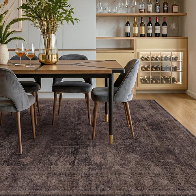 Farmhouse Washable 8x10 Area Rugs for Living Room, Dark Brown with Plum, Rust, and Charcoal Accents Vintage Geometric Rug for Bedroom, Dining Room, Modern Boho Distressed Ultra Soft Low Pile Carpet