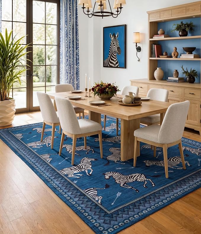 YIHOUSE Blue Zebra Area Rugs 5×7, Washable Animal Print Rug with Southwestern Border, Non-Slip Low Pile Mid-Century Modern Carpet for Living Room, Bedroom, Dining Room