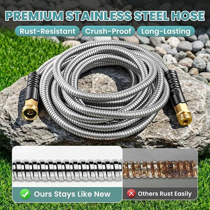 Cesun 25 ft Metal Garden Hose, Stainless Steel Heavy Duty Water Hose With 10 Function Nozzle, No Kink & Flexible, Lightweight and Durable, Rust Proof for Yard, RV, Pet Bath, Outdoor, 25 foot x 5/8"