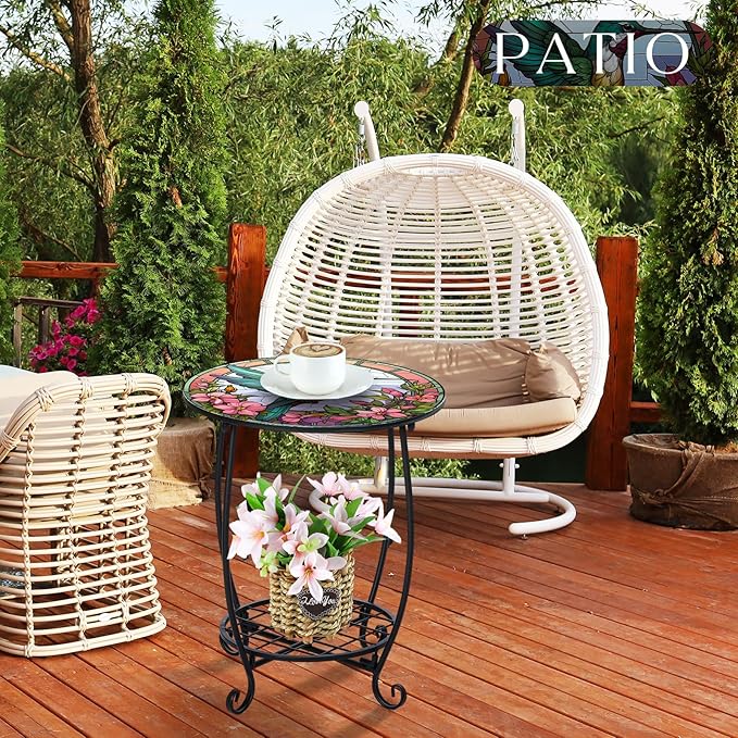 Cinnvoice Outdoor Side Table Round Small Mosaic Patio Accent Indoor End Plant Coffee Tea Table for Yard Patio Porch Garden Living Room, Bedroom(Hummingbird Style,18 Inch)
