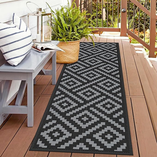 GENIMO Outdoor Rugs 2.5'x8' Waterproof, Reversible Mats, Outdoor Area Rug, Plastic Outside Carpet, Eeometric Rv Mat for Patio Camping Rv Picnic Backyard Deck Balcony Porch Beach (Black & Grey)