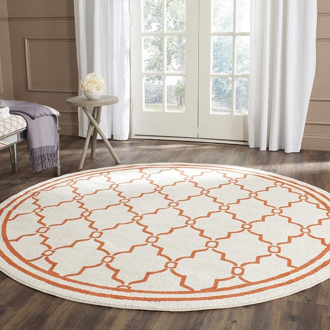 SAFAVIEH Amherst Collection 7' Round Beige / Orange AMT414F Trellis Non-Shedding Dining Room Entryway Foyer Living Room Bedroom Area Rug