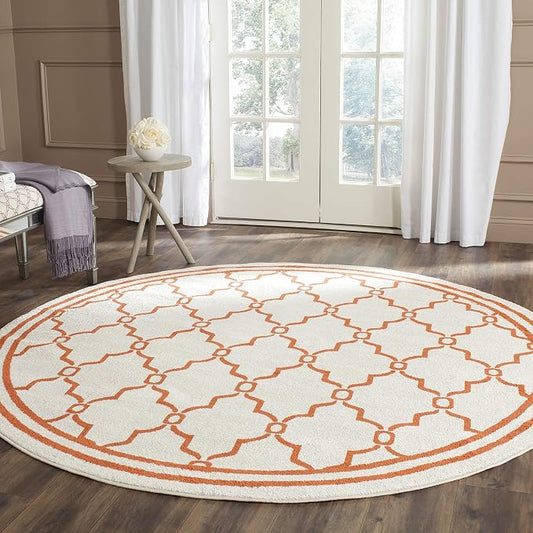 SAFAVIEH Amherst Collection 7' Round Beige / Orange AMT414F Trellis Non-Shedding Dining Room Entryway Foyer Living Room Bedroom Area Rug