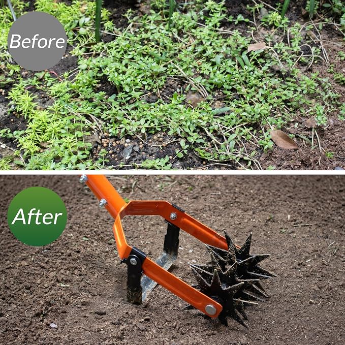 Walensee Rotary Cultivator Garden Tool, Adjustable Long Handle Hand Tiller with Star-Shaped Rolling Tines, 2-in-1 Weeder & Soil Aerator for Lawn Care, Reseeding Grass, Soil Mixing, Manual Yard Tiller