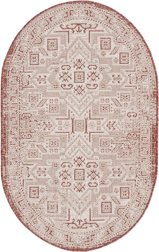 Unique Loom Outdoor Aztec Collection Area Rug - Coba (3' 3" x 5' 3" Oval, Rust Red/ Ivory)