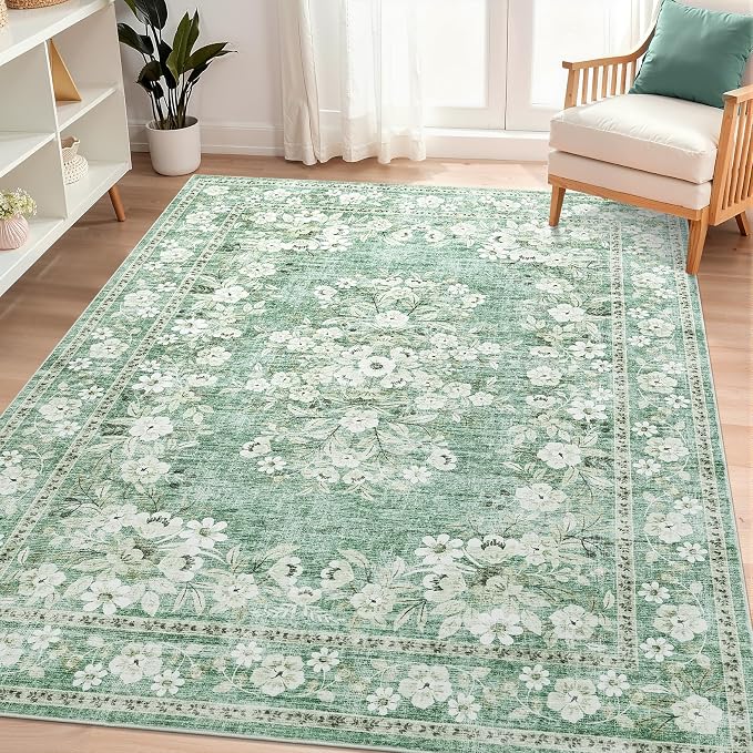 GarveeHome 4x6 Vintage Floral Rug for Living Room Flower Bordered Carpets | Machine Washable Boho Non-Slip Low Pile Botanical Accent Mats Floral Area Rugs for Dining Room Bedroom Office Green