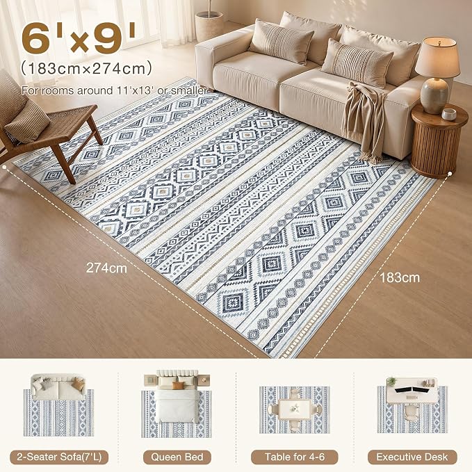 cotiled 6x9 Area Rugs for Living Room: Boho Washable Rug for Dining Room | Solve Modern Neutral Trendy Home Decor - Stain Resistan Indoor Soft Carpet for Bedroom Nursery Blue