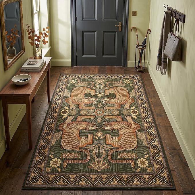 GarveeHome 3x5 Tiger Washable Rug Entryway Boho Bedroom Non Slip Vintage | Green Rug Low Pile Tribal Carpet Stain Resistant Throw Rug for Kitchen Dorm Kidss Room Office Dining Room