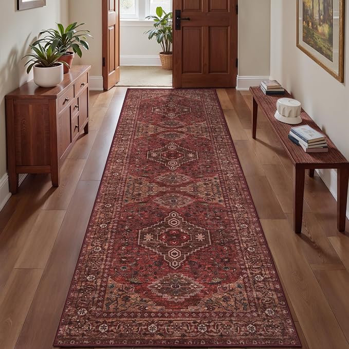 Tangsoo Red 2.6x8 Washable Runner Rug for Hallways,Boho Non Slip Runner Rug | Oriental Soft Low Pile Long Rug Runner,Vintage Carpet Runners for Kitchen Bedroom Entryway Bathroom Living Room Dark Red