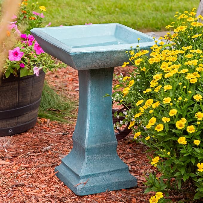 Sunnydaze 23” H Concrete Bird Bath for Outdoors - Simply Square Garden Bird Bath with Glass Fiber Reinforced Concrete Construction - Patina Green