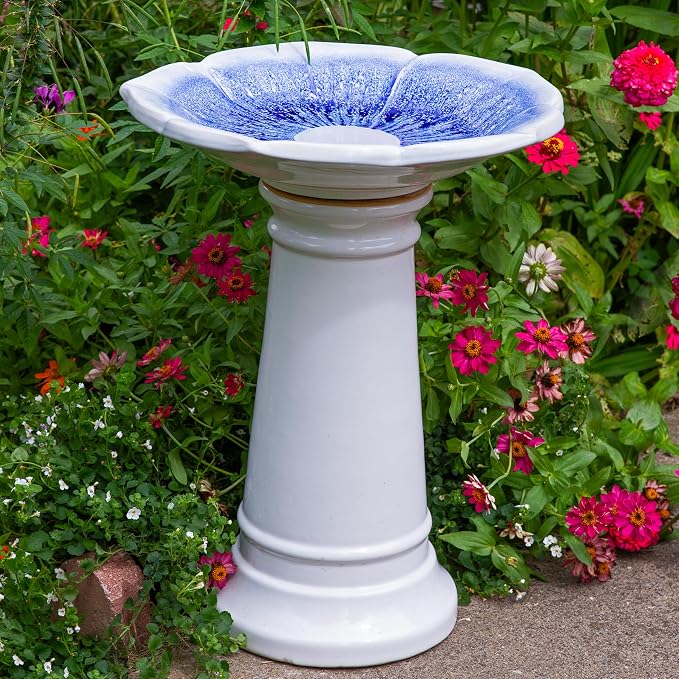 Sunnydaze Misty Blossom Ceramic Bird Bath for Outdoors - 23" H - UV-/ Frost-Resistant - Antique Bird Bath for Garden with White Pedestal/Blue Bowl