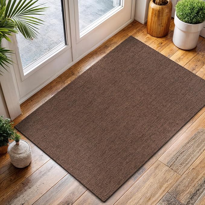 CAMILSON Easy Jute Rug 2x3, Indoor Outdoor Brown Color Fiber Area Rugs for Living Room and Kitchen Rug, Solid Boho Woven Design, Easy-Cleaning, Washable Outside Carpet Alfombras (2 x 3)