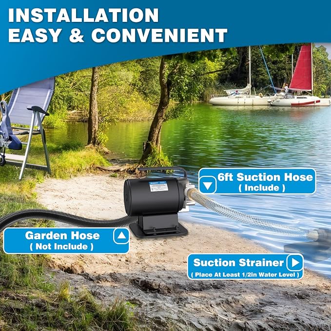 Acquaer Water Transfer Pump DC 12V 1/10HP Portable Electric Water Removal Utility Pump with Switch and Suction Hose Kit, Low Suction Water Removal for RV, Water Beds, Pools, Rain Barrel, Aquariums