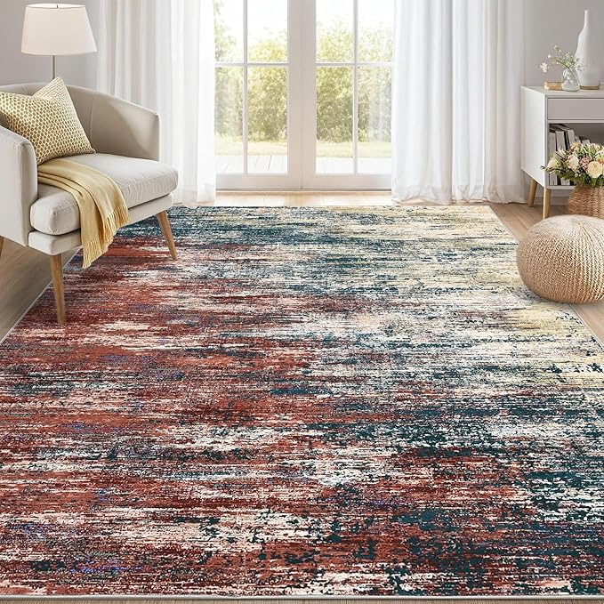 ROYHOME Washable Rug 9x12 Area Rug for Living Room, Red/Multi | Non Slip Abstract Rug for Bedroom, Ultra Soft Area Rug, Low Pile Soft Contemporary Indoor Floor Carpet Cover