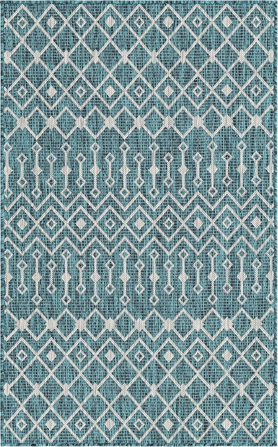 Unique Loom Outdoor Trellis Collection Area Rug - Tribal Trellis (3' 3" x 5' 3" Rectangle, Teal/ Ivory)