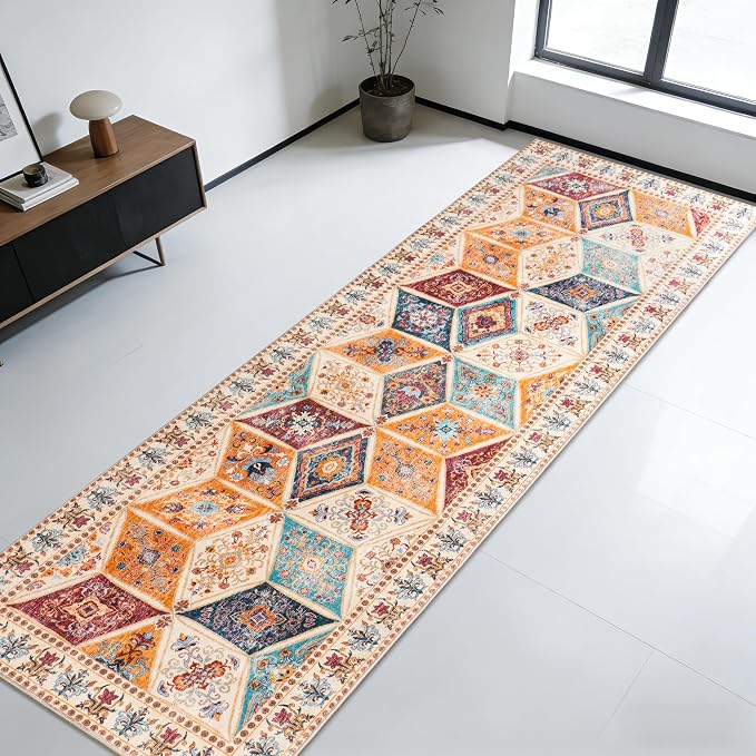 Moroccan Vintage Distressed Boho Geometric Cream 2.7x8 Runner Rug | Patchwork Washable Non Slip Throw Floor Long Carpet Runner for Hallway Entryway Kitchen Bathroom Bedroom Livingroom Rug